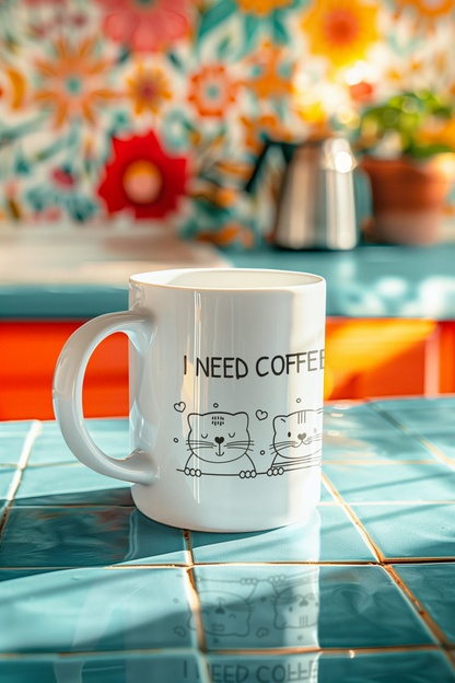 I NEED COFFEE RIGHT MEOW - Cute 11oz Ceramic Cups for Animal Lovers